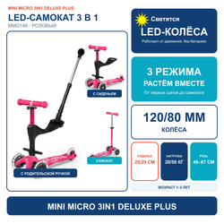 Самокат Mini Micro Deluxe 3 в 1 Розовый LED