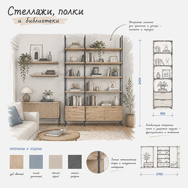 Стеллажи, полки и библиотеки