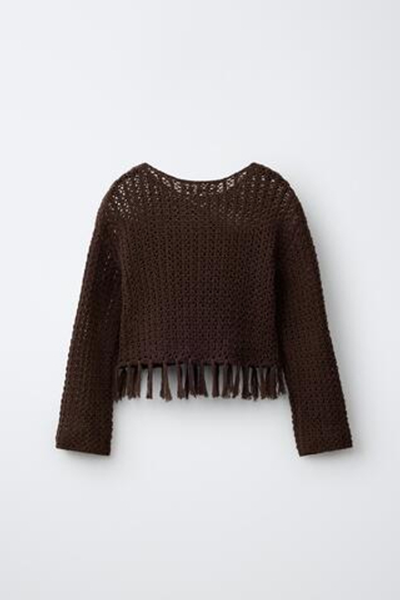ZARA ТРИКОТАЖНЫЙ СВИТЕР С БАХРОМОЙ, КОРИЧНЕВЫЙ