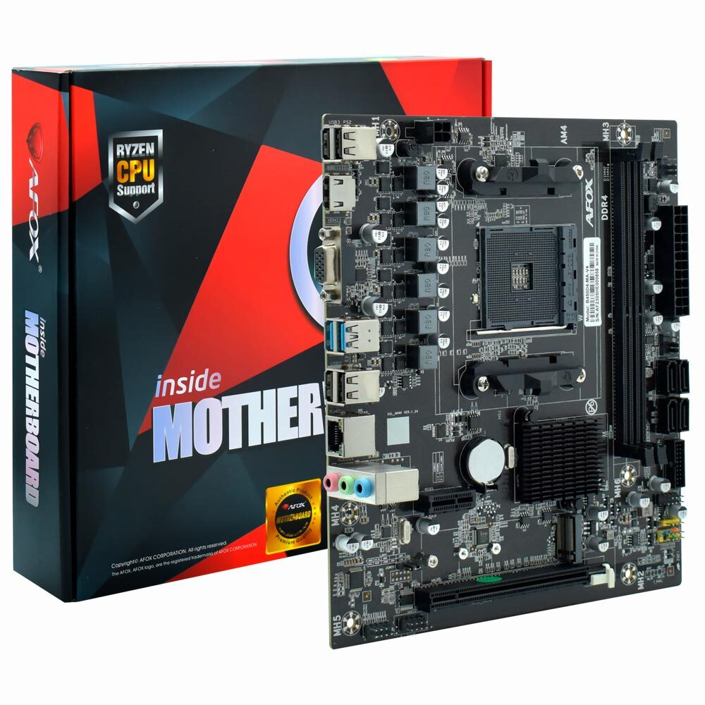 Материнская плата AFOX B450D4-MA-V4, SocketAM4, mATX, Retail, 2xDDR4, PCIe3.0, 1xM.2, GLAN, 6xUSB2, 4xUSB3, VGA, HDMI