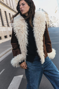 ZARA КОМБИНИРОВАННАЯ КУРТКА ИЗ ИСКУССТВЕННОГО МЕХА, КОРИЧНЕВЫЙ