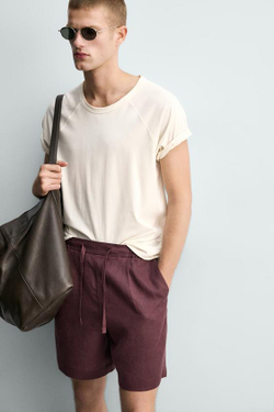 ZARA ШОРТЫ RELAXED FIT ИЗ 100% ЛЬНА, БОРДОВЫЙ