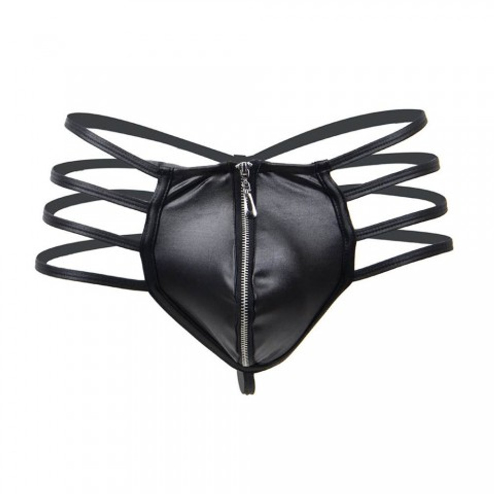 Кожаные мужские стринги Ohyeah Zipper Black, на молнии со стрепами, M