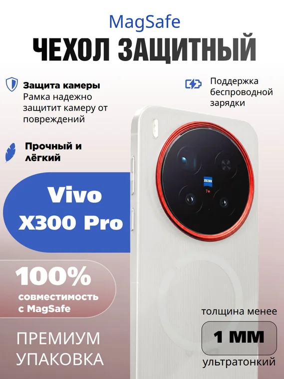 Защитный чехол для Vivo X300 Pro c MagSafe Серый с красной окантовкой блока камеры (Gray-Red)