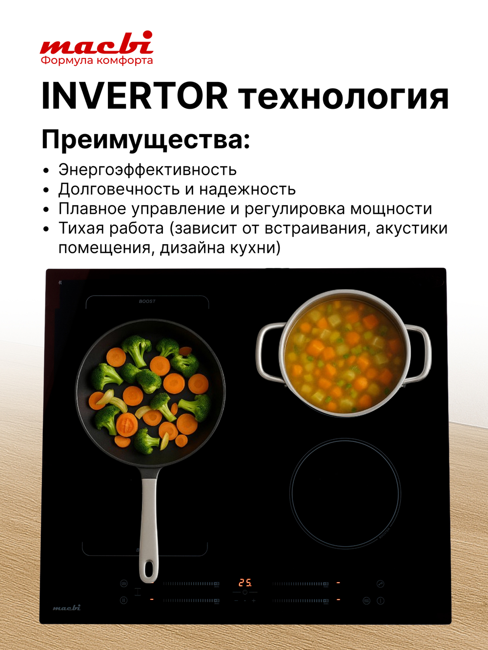 Варочная панель индукционная GK-IF 607228 EBF - NanoMat с функцией бустер, зоной расширения Flexi-Zone, непрерывный нагрев "Инверторная" технология, 4 конфорки MACBI