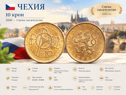 Чехия 10 крон, 2000 Смена тысячелетия XF