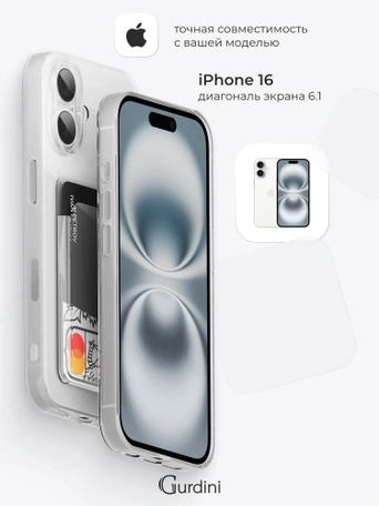 Чехол накладка iPhone 16 6.1" Gurdini силикон с отделением для карты прозрачный