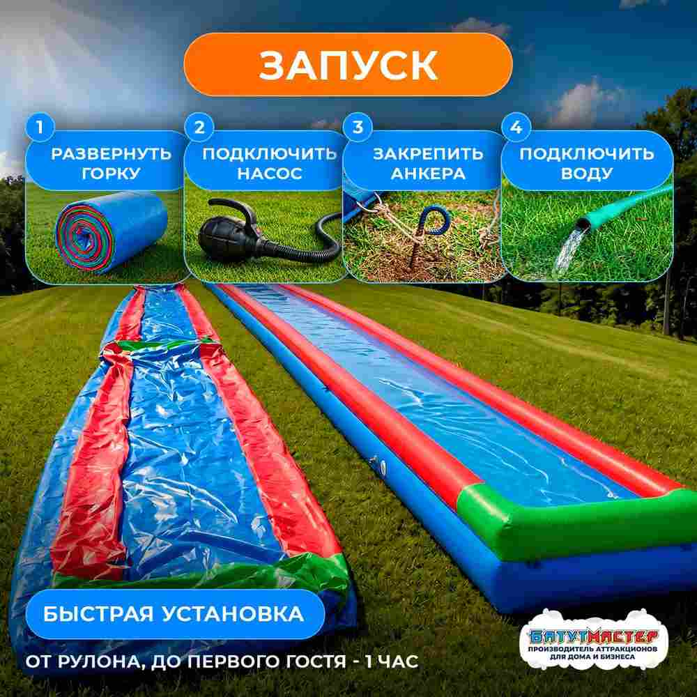Водная горка с надувным дном, герметичная ТУРБО "Капля", длина 80 метров