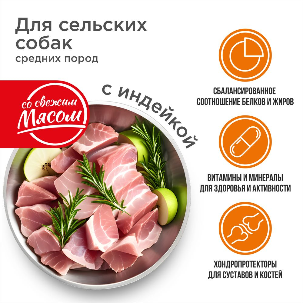 Корм сухой для взрослых собак средних пород, премиум полнорационный комплекс, для живущих в сельской местности, с индейкой, 2,5 кг, QUATTRO