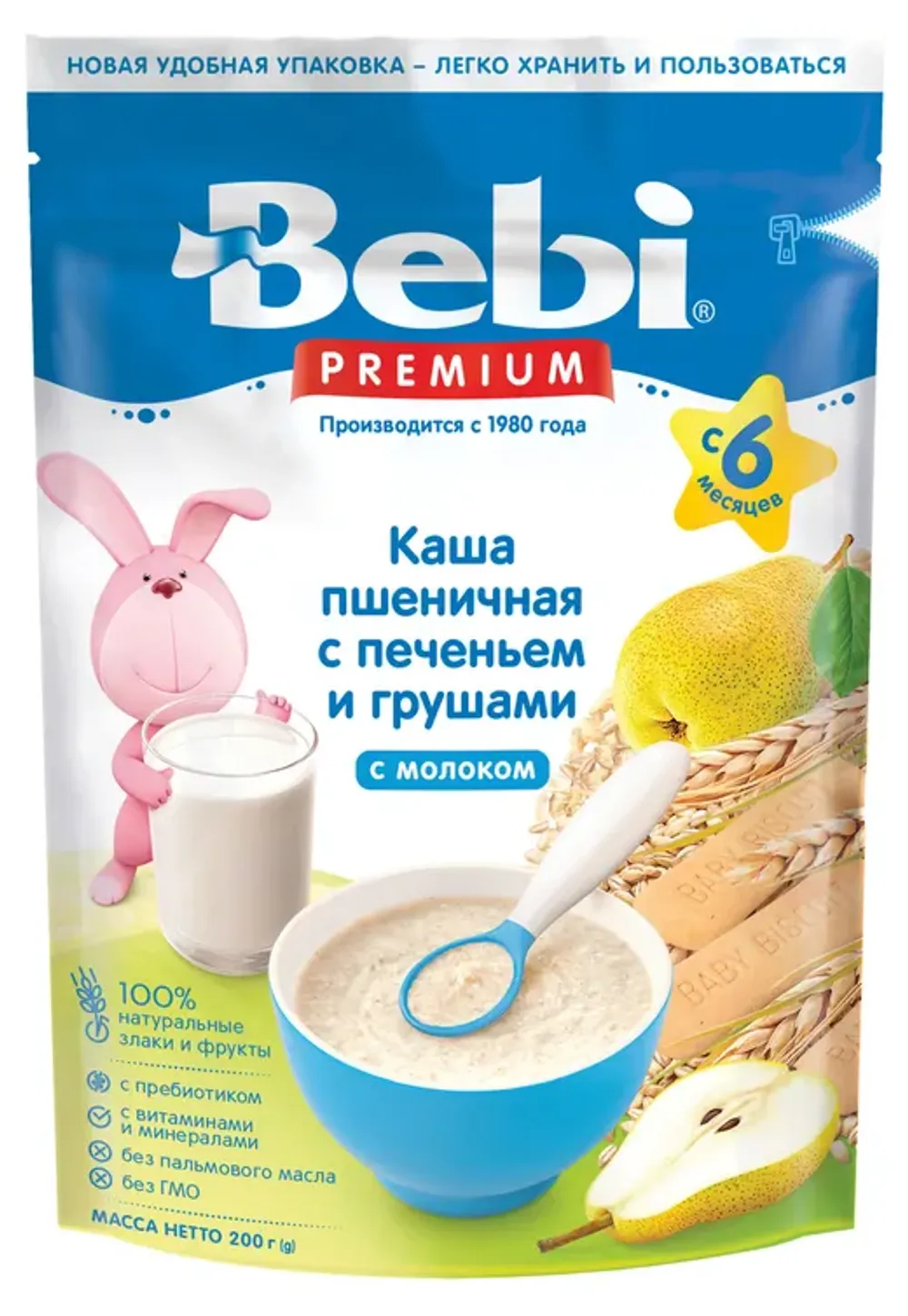 Каша молочная Bebi Premium 200 г Пшеничная для полдника Печенье сГрушами (с 6 мес.)