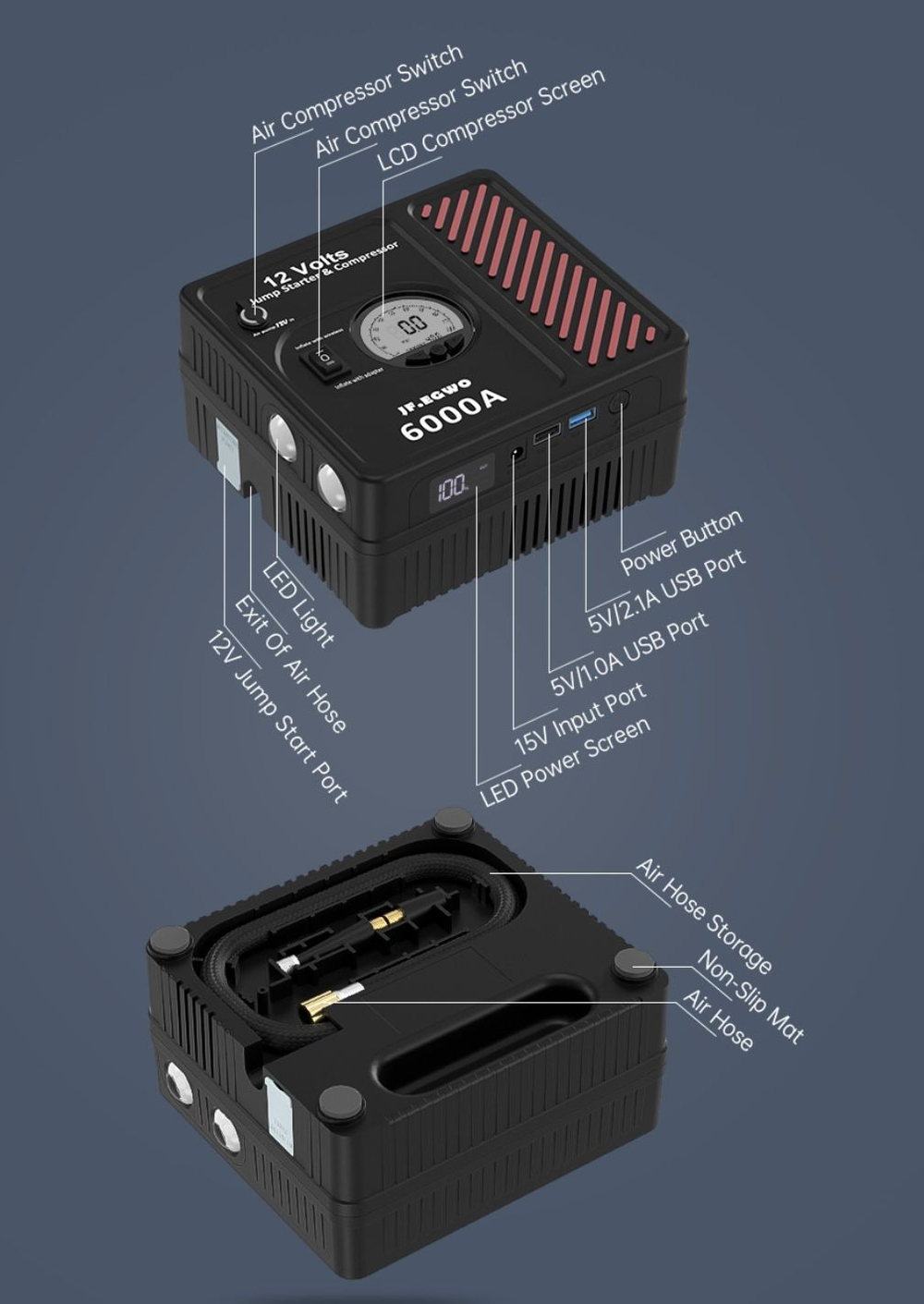 Устройство пусковое портативное бустер 26800mAh компрессором для шин 6000А 12V в чехле JFEGWO