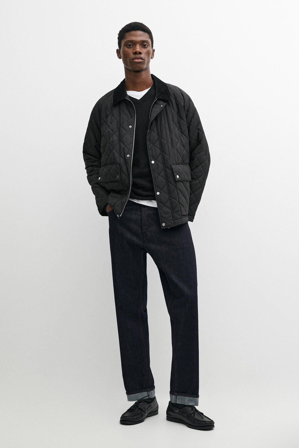 Massimo Dutti Стеганая куртка с вельветовым воротником, черный