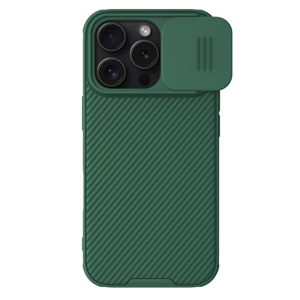 Чехол зеленого цвета (Dark Green) с сдвижной шторкой для камеры от Nillkin для iPhone 16 Pro, серия CamShield Pro Case