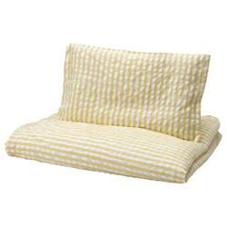 IKEA LEN  (ИКЕА ЛЕН)  -  Пододеяльник и наволочка для кроватки - белый/жёлтый, полоска «кора» 110x125/35x55 см