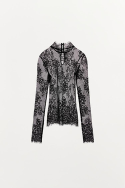 ZARA ТОП С ДЛИННЫМИ РУКАВАМИ И КРУЖЕВОМ, ЧЕРНЫЙ