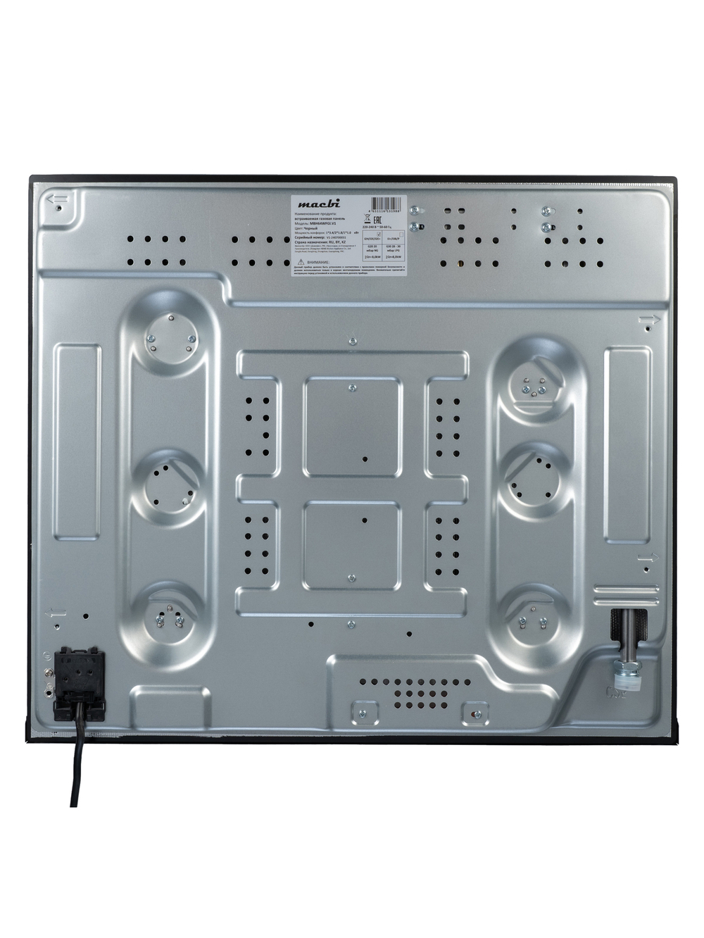 Газовая варочная панель шириной 60 см, Macbi MBH64WFGL.V1 (Model 2024) с Wok-конфоркой, Чёрное закаленное стекло, Электроподжиг, Газ-контроль, Решетки из чугуна