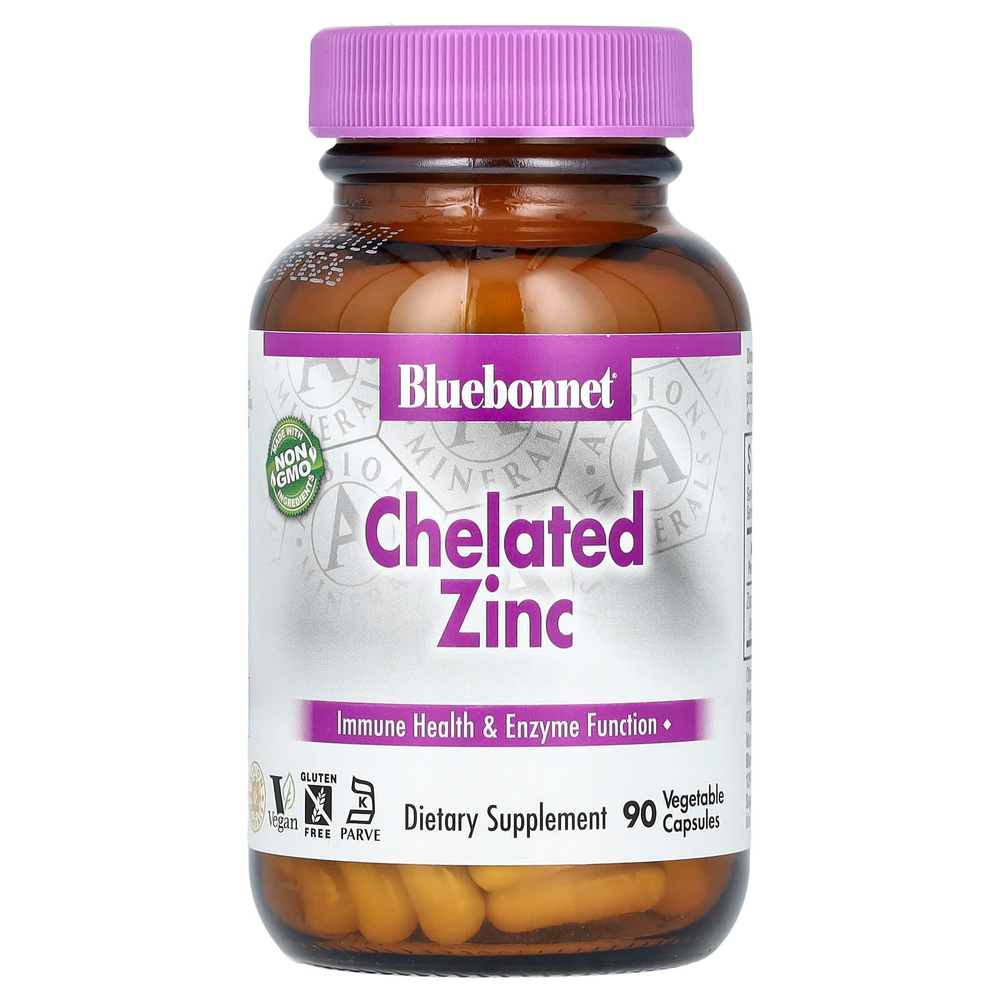 Bluebonnet Nutrition, хелатный цинк, 90 растительных капсул (30 мг в 1 капсуле)