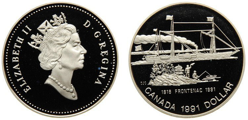 1 доллар. 175 лет пароходу Фронтенак. Канада. Серебро. 1991 год. Proof