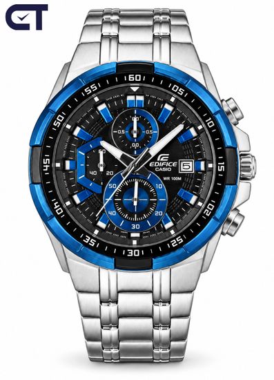 CASIO EFR-539D-1A2VUDF EDIFICE мужские наручные часы — крупный стальной хронограф с чёрным циферблатом и синими акцентами