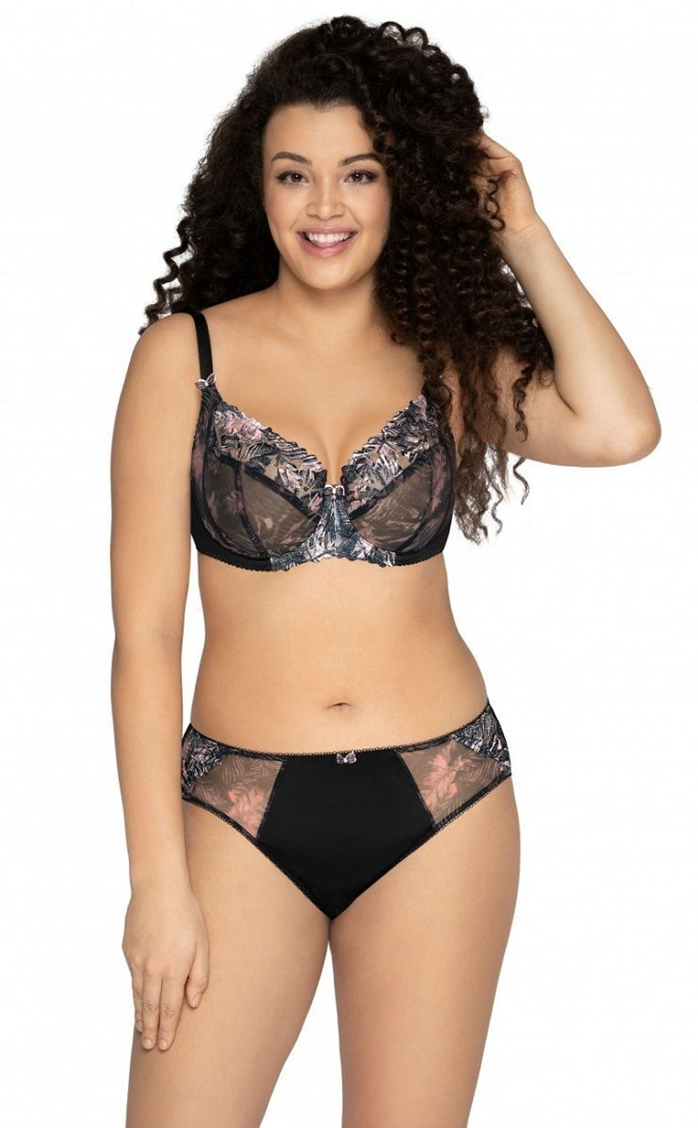 Бюстгальтер на косточках с трехцветной вышивкой на plus size чашках (Размер: 75L) (Цвет: черный)