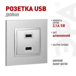 14-4110-03 ЭРА Устройство зарядное USB, 230В/5В-2100мА, IP20, Эра Elegance, алюминий | Эра Elegance