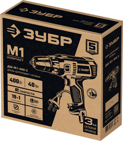 ЗУБР 400 Вт, 40 Н·м, сетевая дрель-шуруповерт (ДШ-М1-400-2)