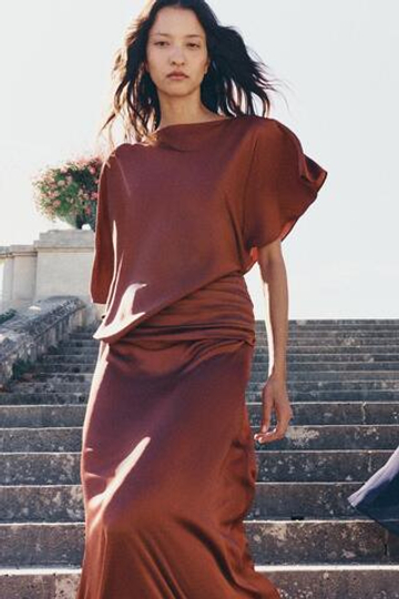 ZARA ДЛИННОЕ АТЛАСНОЕ ПЛАТЬЕ ИЗ КОЛЛЕКЦИИ ZW, ТЕМНО-РОЗОВЫЙ