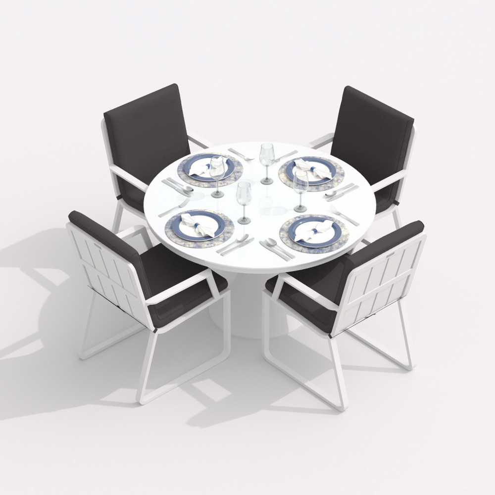 Обеденная группа Ideal Patio ДИВА АЛЬБА  каркас белый, стол стекло диа 110, ткань антрацит