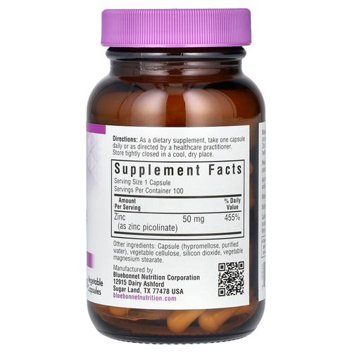 Bluebonnet Nutrition, пиколинат цинка, 50 мг, 100 растительных капсул
