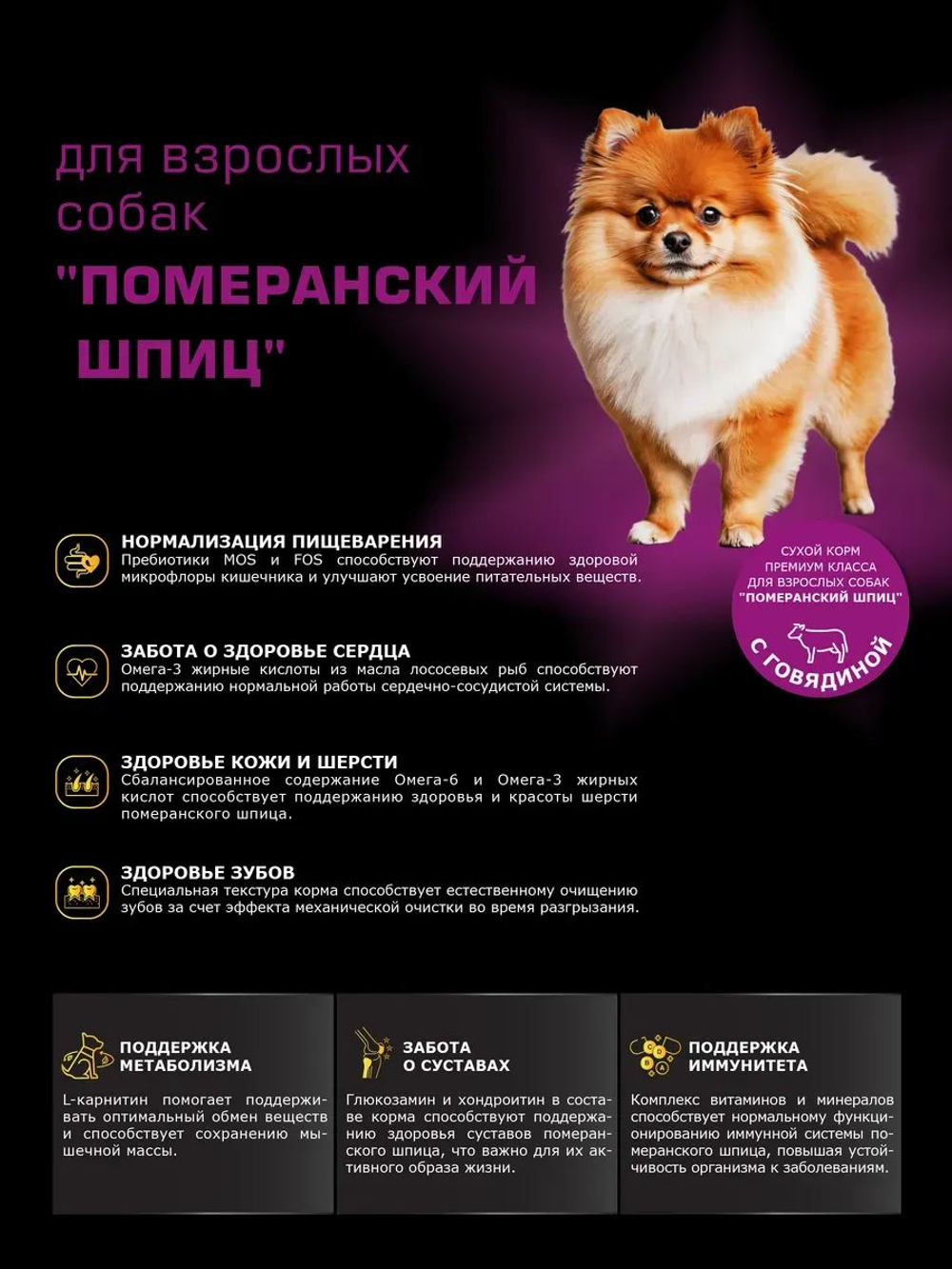 Корм сухой для взрослых собак породы Померанский шпиц, с говядиной, 2,5 кг, QUATTRO