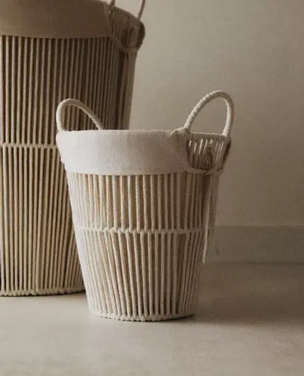 ZARA HOME КОРЗИНА ДЛЯ БЕЛЬЯ С ХЛОПКОВОЙ ПОДКЛАДКОЙ, ЭКРЮ
