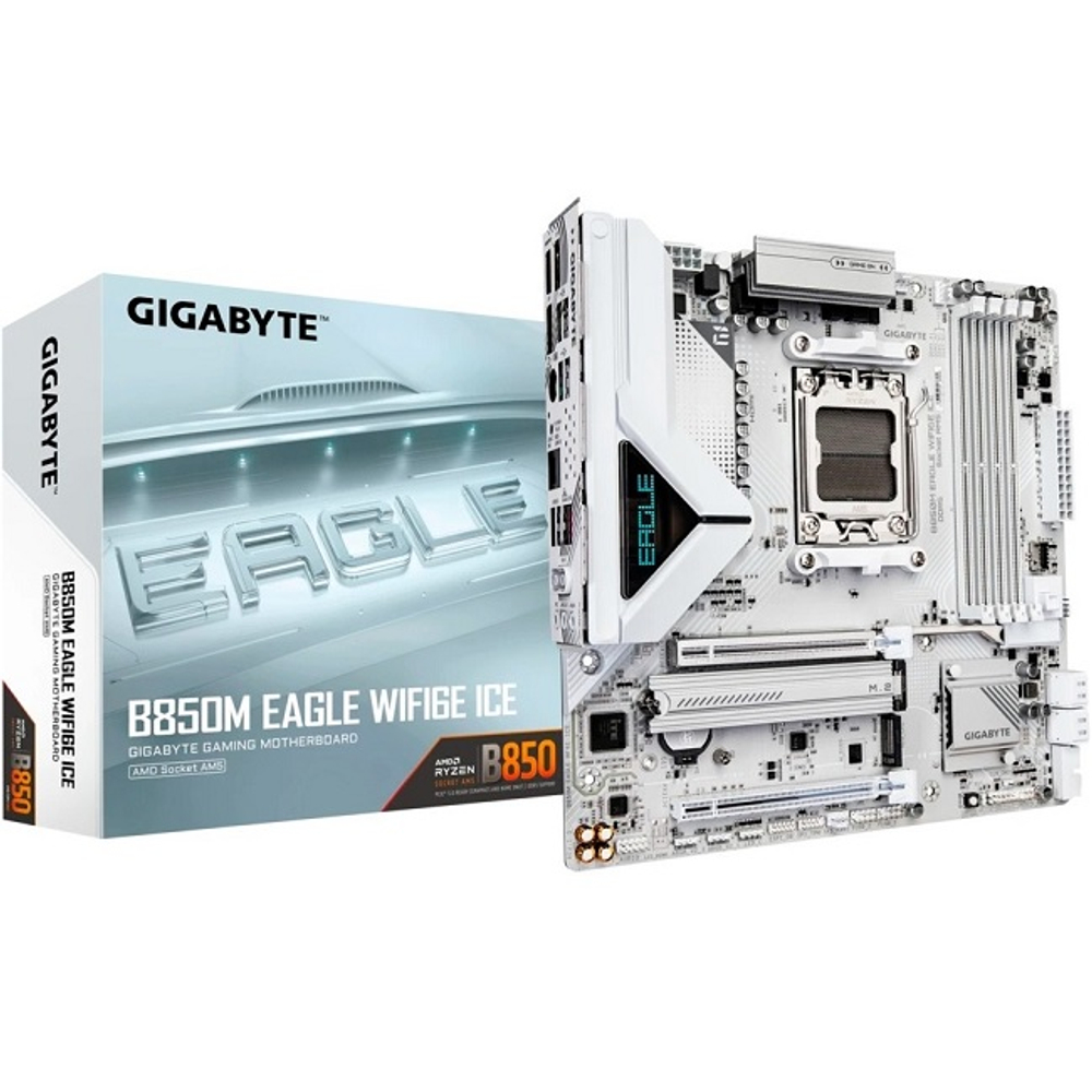 Материнская плата GIGABYTE B850M EAGLE WIFI6E ICE (AM5/AMD B850/4xDDR5/2xPCI-Ex16/2xM.2/SB/Wi-Fi/BT/GLAN/DP/HDMI/mATX)