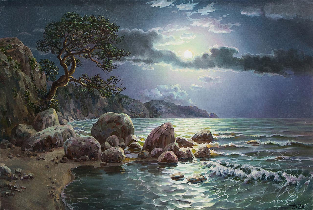 Картина маслом "Море при луне" Дельцов