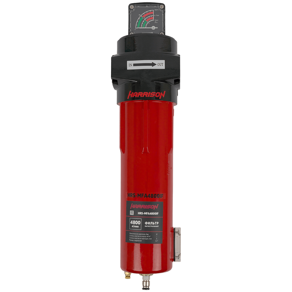 HRS-MFD4800IF Фильтр магистральный 0,01 мкм с дифференциальным манометром, 4800 л/мин, 12 бар, G 1", остаточное содержание масла: 0,001 мг/м3