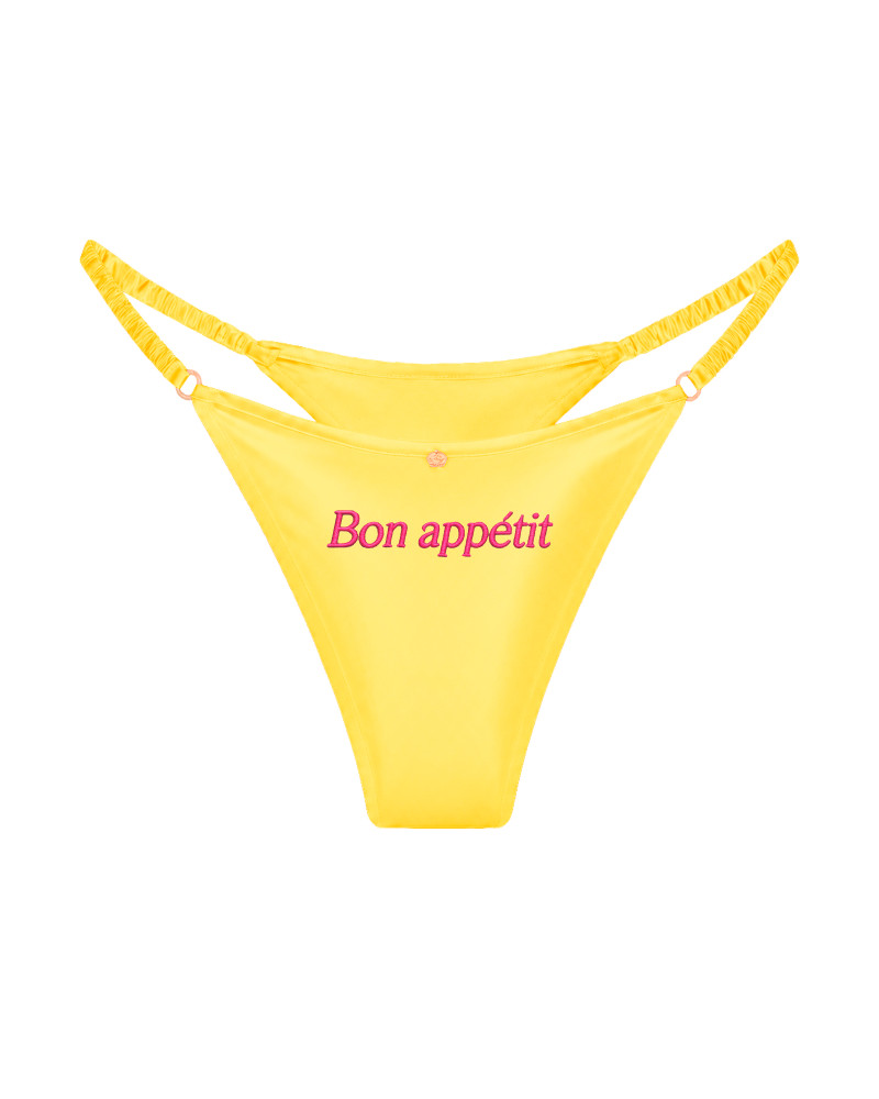 трусы стринги шелковые с надписью Bon appetit желтые