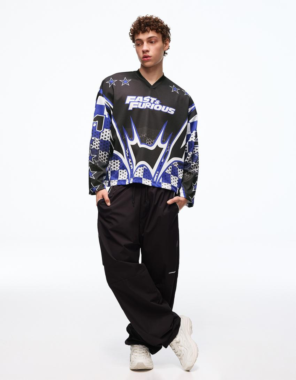 BERSHKA Футболка с длинным рукавом «Fast & Furious», черный