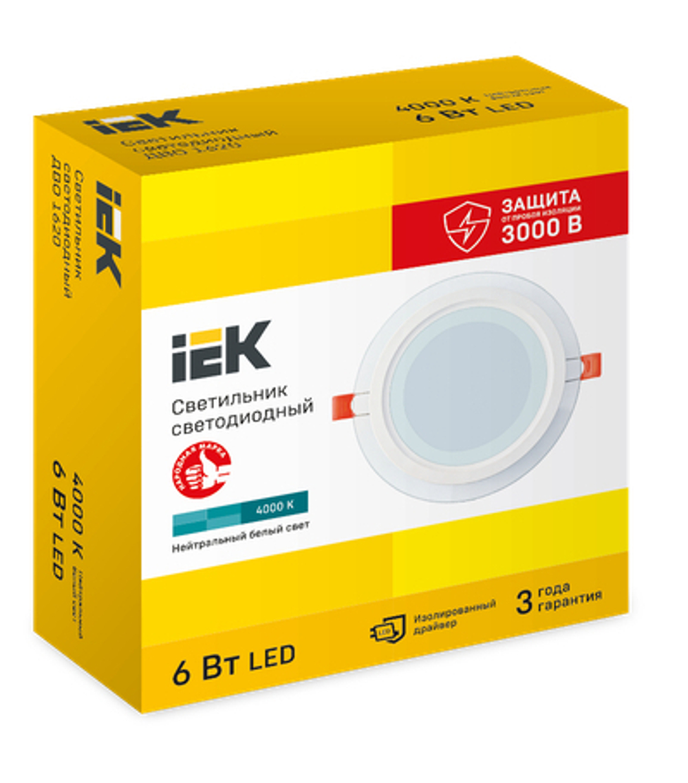 Светильник светодиодный ДВО 1620 со стеклом круг 6Вт 4000К IP20 IEK
