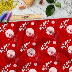 Ткань дюспо цветущая сакура на фоне полной луны и красного неба