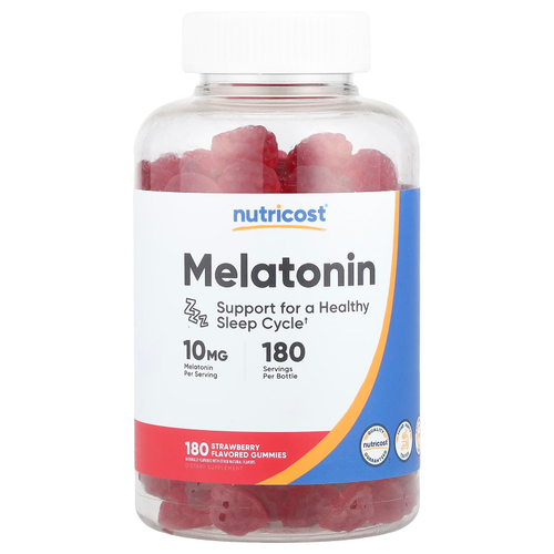 Nutricost, жевательные таблетки с мелатонином, со вкусом клубники, 10 мг, 180 жевательных таблеток