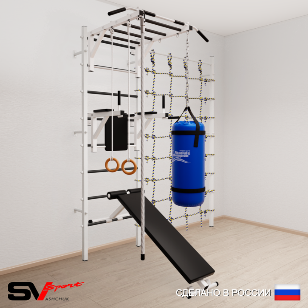 Шведская стенка Sv Sport усиленная 65420 (Турник рукоход/Брусья/Скамья/Канат/Кольца/Цепь/Мешок 22кг/Канатный лаз)