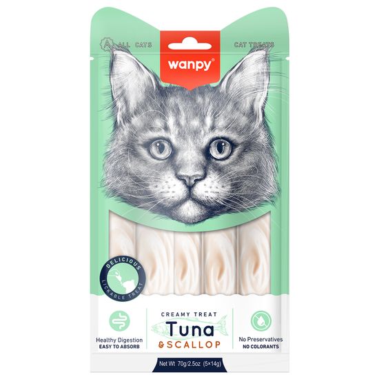 WanPy Cat Лакомство для кошек, Нежное Пюре из Тунца и Гребешка, 70 г