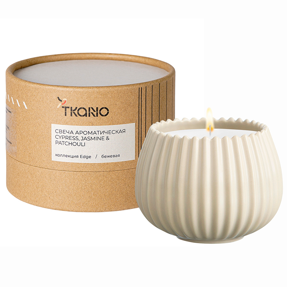 Свеча ароматическая Tkano Edge Cypress Jasmine & Patchouli бежевая 30ч