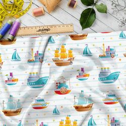 Ткань саржа детские кораблики на белом фоне