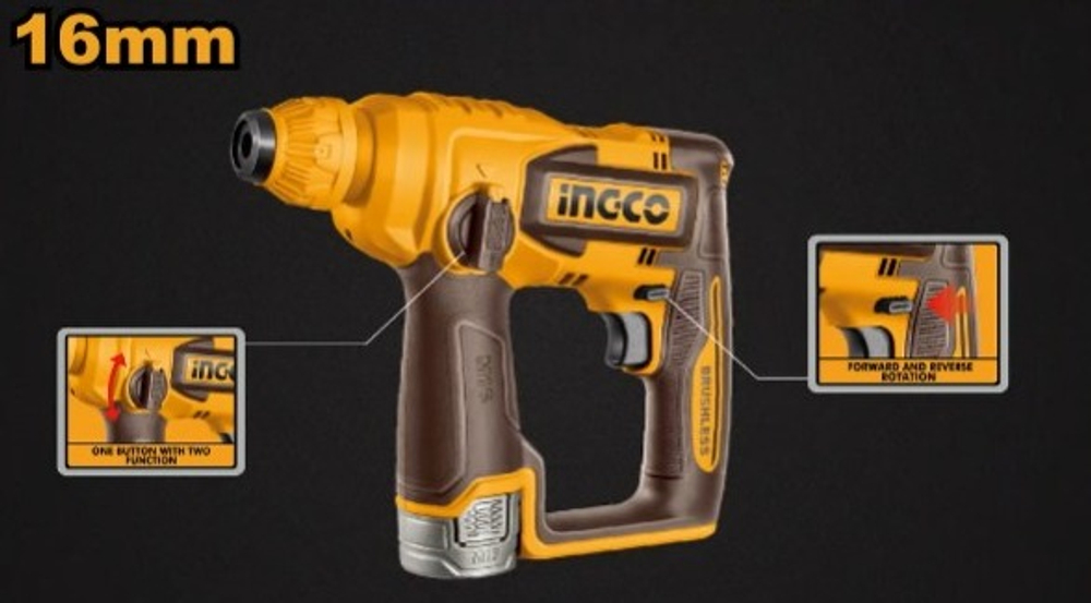 Аккумуляторный бесщёточный перфоратор INGCO CRHLI16168 INDUSTRIAL 16 В