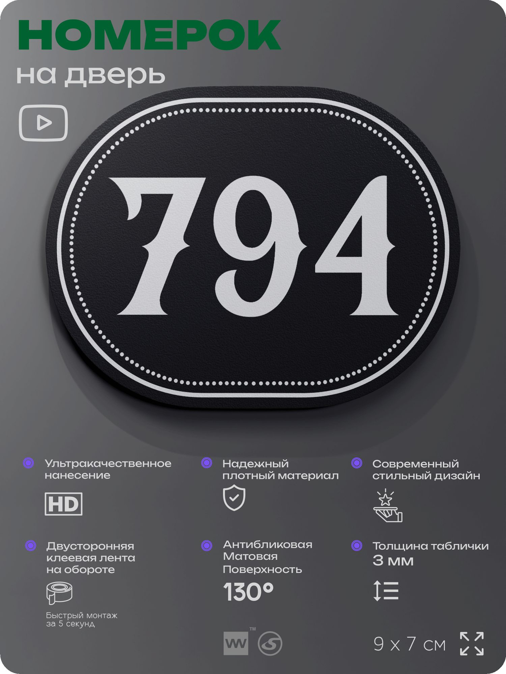 Номерок на дверь квартиры 794, для кабинета, офиса, шильдик 9 х 7 см, черный, Айдентика Технолоджи
