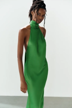 ZARA ДЛИННОЕ АТЛАСНОЕ ПЛАТЬЕ С ЗАВЯЗКАМИ, ИЗУМРУДНЫЙ