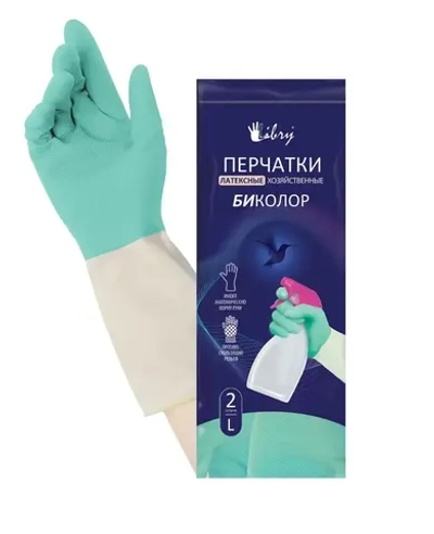 Перчатки латексные хозяйственные биколор Libry мятно-белые L 144/12