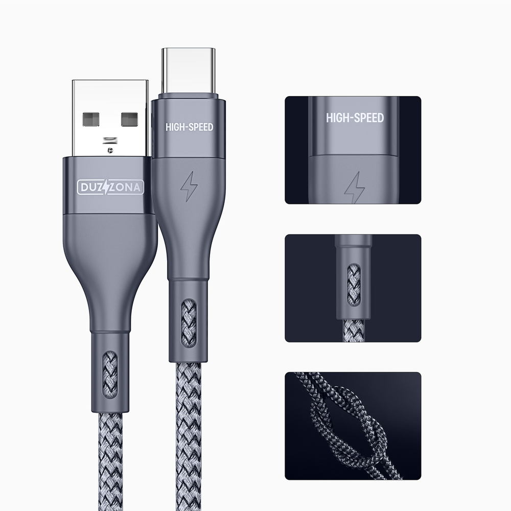 Кабель покрытый нейлоном серого цвета 200см (2м) с разъемом USB A на USB Type-C с быстрой зарядкой PD 12W от Duzzona, серия A8 Cable
