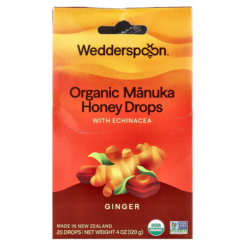 Wedderspoon, органический мед манука, капли, имбирь и эхинацея, 20 капель, 120 г (4 унции)
