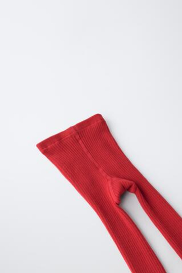 ZARA ОДНОТОННЫЕ КОЛГОТКИ В РУБЧИК, КРАСНЫЙ
